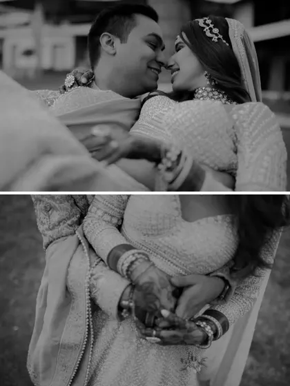 A black and white collage showing two intimate moments. The top frame captures a loving gaze, while the bottom shows a protective embrace.