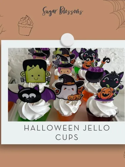 These Halloween jello cups are a highlight of any spooky party. The colorful jello is topped with a swirl of whipped cream and fun, custom toppers featuring ghosts, bats, and Frankenstein's monster.