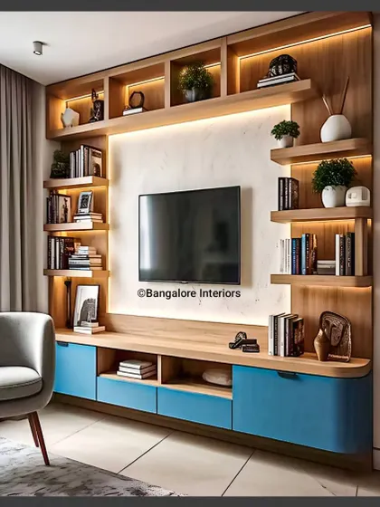A variation of the blue and wood theme, this TV unit features a slightly different shelf configuration and rounded corners on the lower cabinet for a softer look. The design maintains a clean aesthetic with plenty of display and storage space.