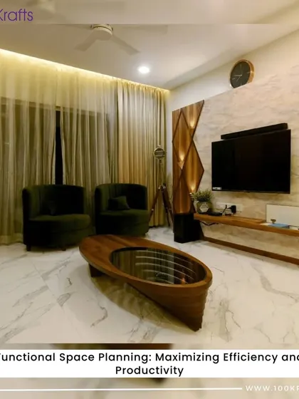 Functional space planning is key to our designs. This living room showcases a unique wooden coffee table and a marble-clad TV wall, demonstrating how we maximize both efficiency and style.
