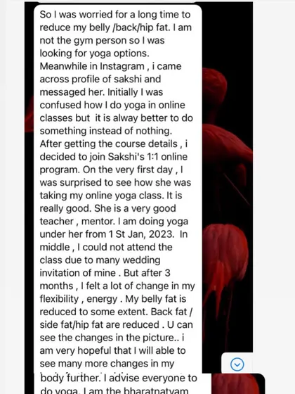 This client was not a gym person and was looking for a way to reduce belly and hip fat. She was surprised by how effective my online classes were and felt a big change in her flexibility and energy in just three months.