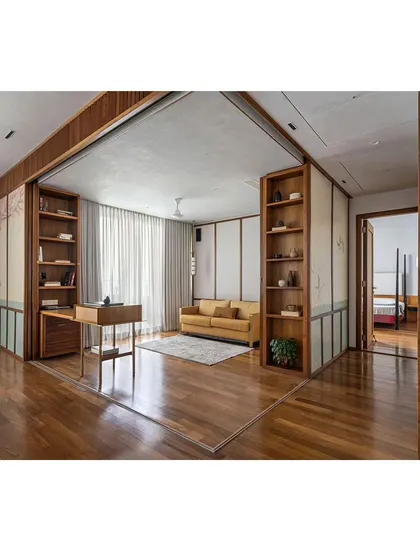 A view showing the sliding panels partially open, connecting the living room to a more private study. This demonstrates the home's ability to adapt its spatial configuration.