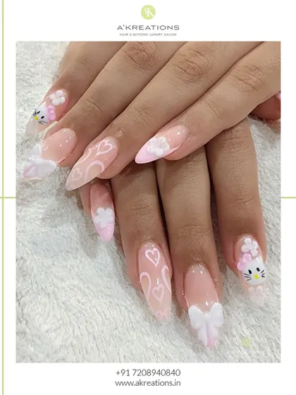 A detailed close-up of the hand-painted Hello Kitty face and 3D bow. I take pride in getting these little details just right to make your themed nails perfect.