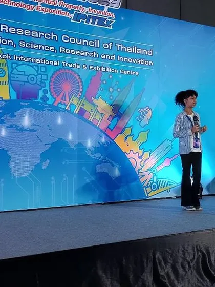 Here is our student Manishka presenting her project on the main stage at the IPITEX 2023 expo in Thailand. We empower our students with the skills and confidence to present their innovations to a global audience.