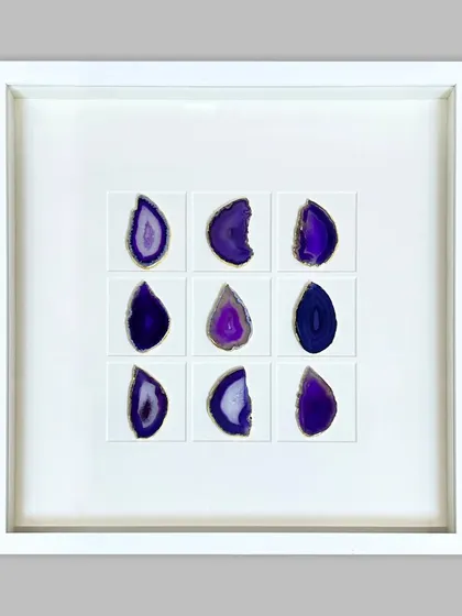 The 'Amethyst' version of my framed agate stone series. The deep purples of the stones create a rich, luxurious feel against the stark white background.