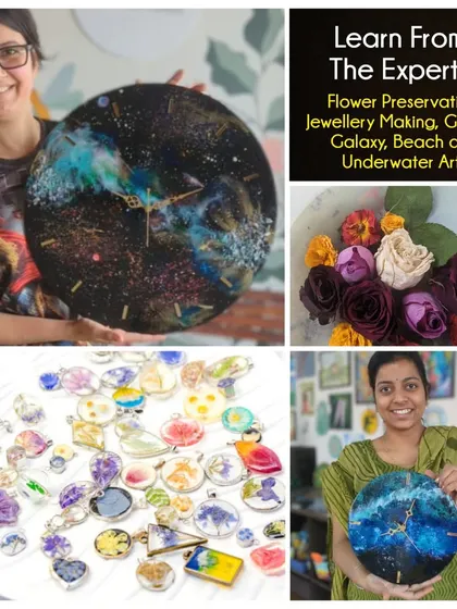 Learn from the experts! Our resin art offerings include advanced techniques like flower preservation, jewelry making, geode art, and stunning underwater scenes.