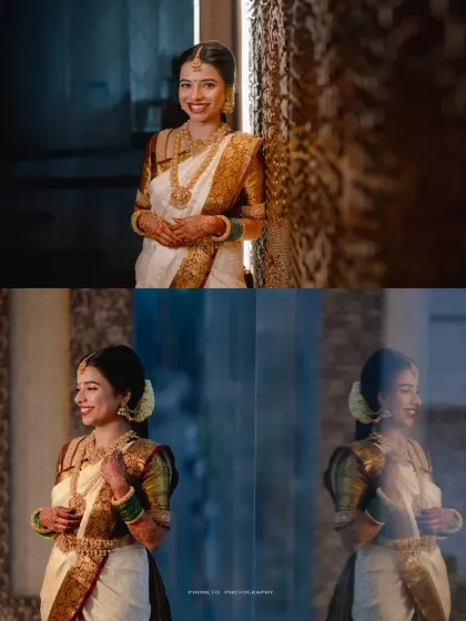 A collage of the bride's portraits, showing her radiant smile and the beautiful details of her traditional white and gold saree.