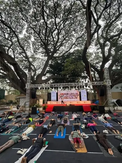 A large outdoor yoga session during the Mysore Yoga Utsava. Practicing under the vast canopy of an ancient tree with hundreds of others was an experience of grace and abundance.