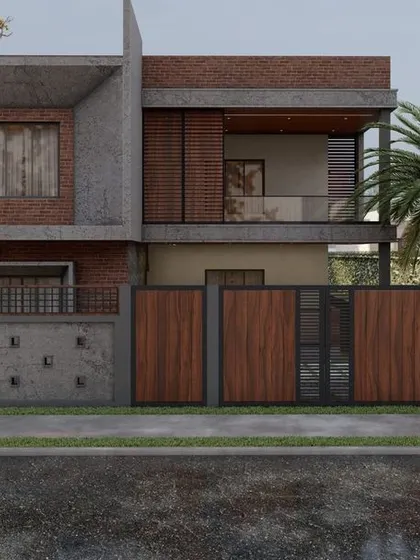 A unique architectural design combining exposed brick with raw concrete elements. The wooden gate and fence add a touch of warmth to the industrial-modern aesthetic.