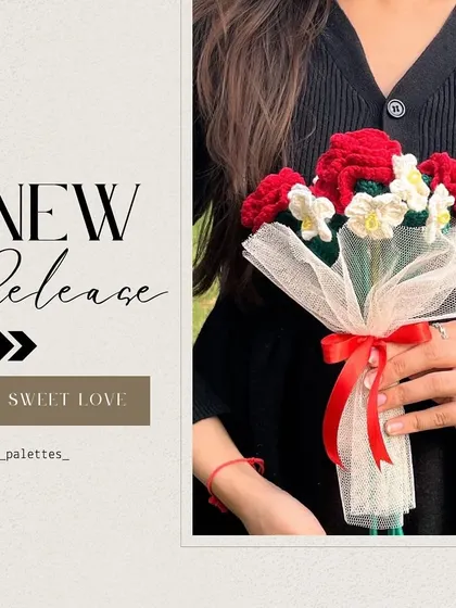 Our new release, the "Sweet Love" bouquet. It features classic red roses mixed with delicate white flowers for a romantic and timeless look.
