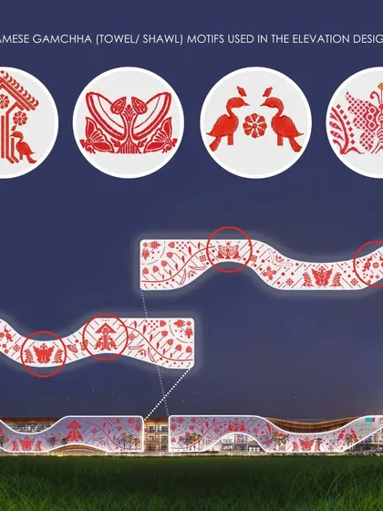 A graphic detailing the specific Assamese 'gamchha' motifs used in the facade design of Ramindri Walk.