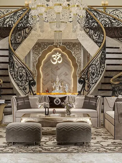 A truly grand entrance featuring a majestic double staircase made of marble and ornate wrought iron. The design centers around a serene prayer nook, blending opulence with spiritual tranquility.