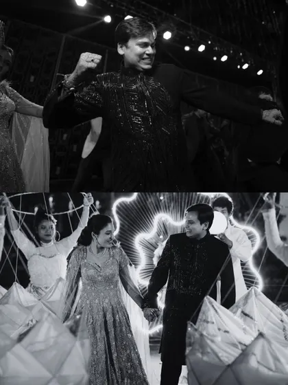 A black and white collage from Aman and Megha's Sangeet, capturing the dance performances and the couple's happiness.