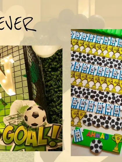 Themed cookies and decor details from the football party, showing the 'GOAL!' sign and custom treats.