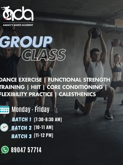 This poster details what our group classes offer, from dance exercise and HIIT to calisthenics and core conditioning. We have multiple morning batches every weekday to ensure you can find a time that works for you.