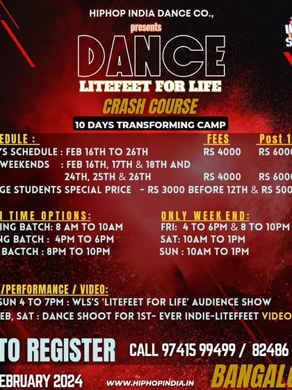 The full schedule and fee structure for our 10-day Litefeet transforming camp, with options for full-time or weekend-only participation.