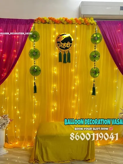 For this Mehndi function, we used a rich color combination of magenta and yellow to create a lively and celebratory atmosphere.