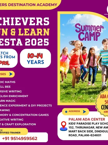 Our Fun & Learn Fiesta in Palani, Tamil Nadu, is designed for older kids aged 10-14. This flyer focuses on courses like Vedic Maths, Spell Bee, and cursive writing to build advanced skills.