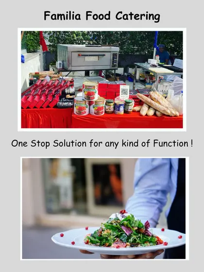 We are your one-stop solution for event catering. This shows our live pizza station and a beautifully plated salad, representing the variety we bring to any function.