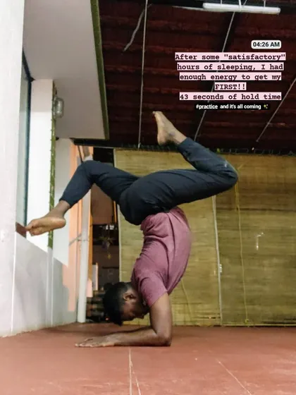 A personal breakthrough. My first 43-second hold in Pincha Mayurasana (Feathered Peacock Pose), achieved at 4:26 AM after a good night's sleep. Practice, and it's all coming.