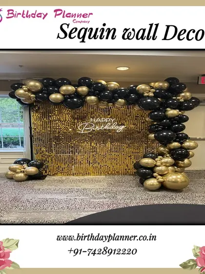 A popular choice for corporate parties and award nights, this black and gold theme features a shimmering sequin wall backdrop perfect for photos. We complemented it with a matching balloon garland to create a stylish and modern focal point for the celebration.