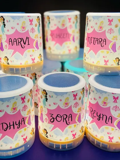 Royally enchanting return favors for a princess-themed birthday. These personalised speakers with LED lights are a gift that every little princess will love.