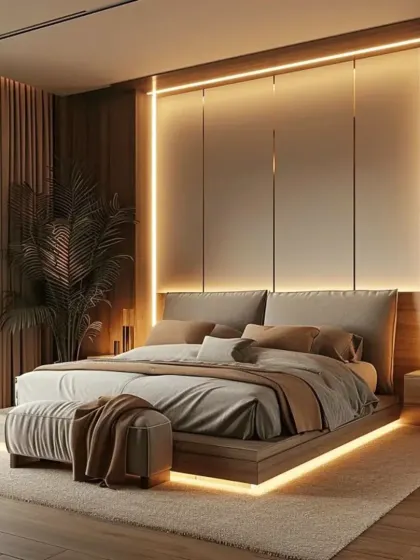 Lighting is key in this bedroom design. An LED strip light frames the headboard wall, while another runs beneath the floating bed frame, creating a warm and inviting glow.