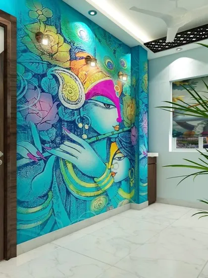 A duplicate of media 128, this colorful and modern Radha-Krishna mural is a bold and beautiful statement piece for any contemporary home.