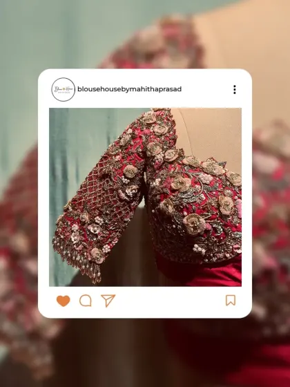 A social media post of Meghana's stunning pink reception blouse.
