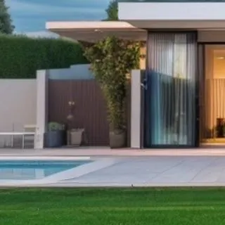 A design concept for a luxury villa, showcasing the seamless transition to an outdoor patio and swimming pool area. The use of large sliding glass doors and continuous flooring materials blurs the line between inside and out.