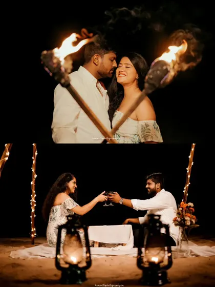 This set of images highlights a romantic night shoot on the beach, featuring a couple with tiki torches and sharing a drink by lantern light.