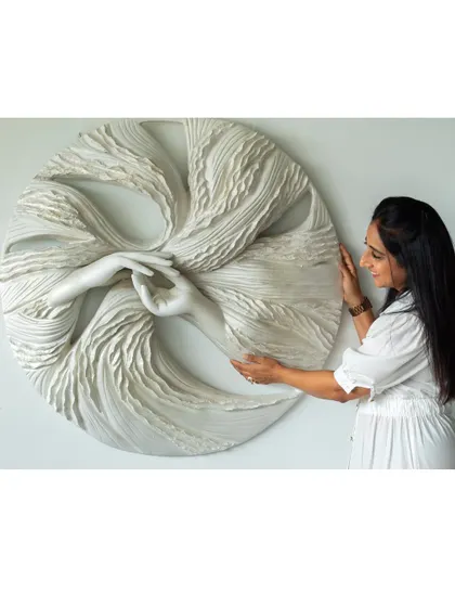 Standing with 'The Awakening Cycle series 2,' a piece that explores the quiet space between life's chapters. The flowing textures and gentle hands represent the self-love and clarity needed to evolve.
