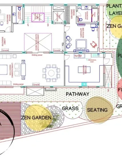 A detailed landscape plan layout. This technical drawing shows the precise placement of every element, including the pergola, zen gardens, seating areas, pathways, and different types of plantation, ensuring a functional and harmonious flow.