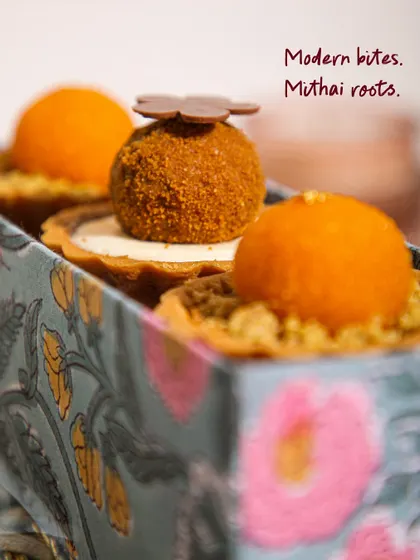 A close-up of our Mithai Tartlets, where modern patisserie finesse meets traditional Indian mithai roots. Each bite is a delightful fusion of familiar and new flavours.