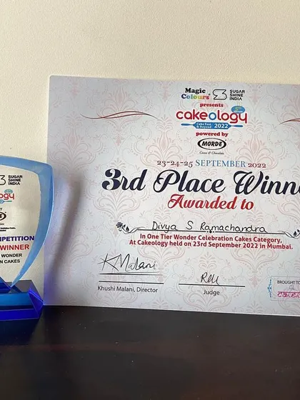The trophy and certificate for my 3rd place win at the Cakeology display competition. Every competition is a chance to learn and push my creative boundaries.