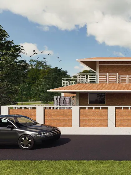 A perspective view of the traditional residence proposal, showing how the structure sits naturally within its surroundings. The design focuses on creating a harmonious relationship between the built form and the landscape.
