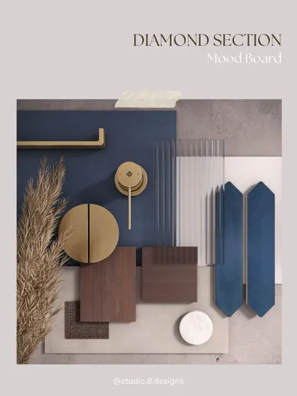 The mood board for the diamond section. We selected a palette of deep blues, cool greys, fluted glass, and brass accents to create a sophisticated and modern backdrop that makes diamonds shine.