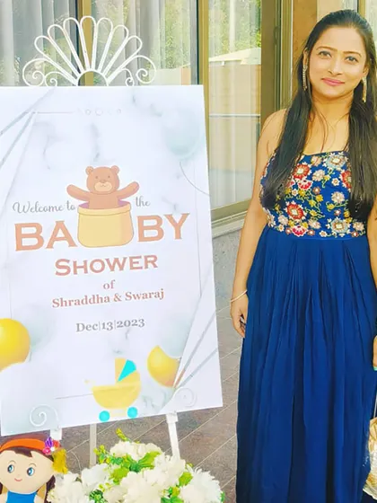At the baby shower for my client, Shraddha Pagaria. I planned this beautiful event at the Golden Leaf Banquet, focusing on every detail to create a dreamy and joyous celebration for the mom-to-be.