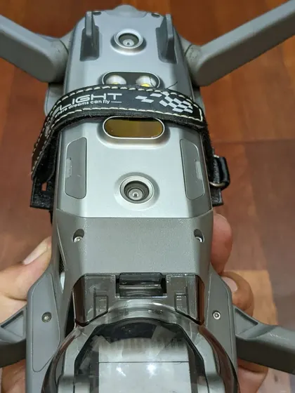 A top-down view of the Mavic 2 Pro with the FPV modification. You can see the drone's built-in sensors, which work alongside the FPV kit to capture stable and professional footage.
