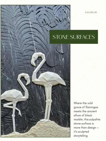 A sculpted stone surface telling a story. Here, the wild grace of flamingos is rendered in 3D against the ancient allure of carved black marble, turning a wall into sculpted storytelling.