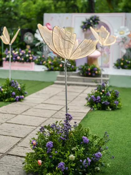 Illuminated butterfly props line the walkway, lighting the path for guests and adding a magical glow to the garden party. These details create a truly immersive and enchanting atmosphere, especially as evening approaches.