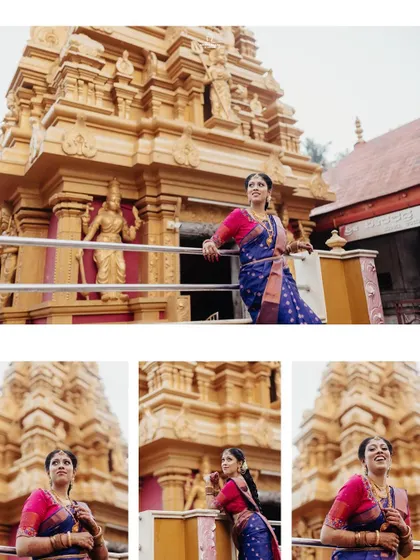 A collage of a bride's portraits against a temple backdrop, capturing her various expressions.