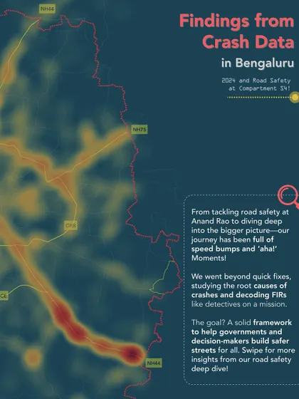 A heat map of crash data in Bengaluru, which forms the basis of our road safety work. This graphic illustrates how we use data to identify high-risk corridors and intersections for intervention.