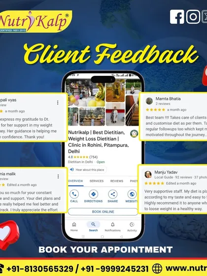 This collage of reviews from Deepali, Mamta, Sonia, and Manju reflects our core values: customized diets, regular follow-ups, and a supportive team to help you lose weight in a healthy way.
