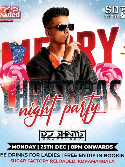 Spreading the holiday cheer with a Merry Christmas night party at Sugar Factory Reloaded. This poster captures the festive spirit of my holiday gigs.