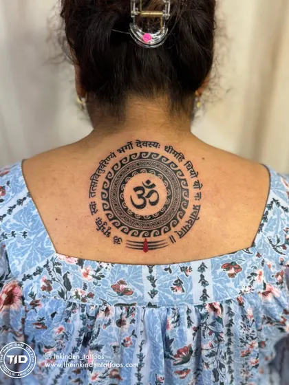 This large back piece combines an Om mandala with the Gayatri Mantra, creating a powerful spiritual shield. The intricate line work and perfect symmetry reflect my dedication to creating deeply meaningful and visually stunning sacred art.