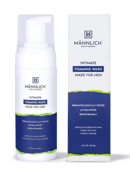 A product-and-box shot for a men's intimate foaming wash, providing a complete view for online shoppers.