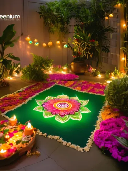Diwali vibes in every corner! This image shows a beautiful outdoor space decorated for the festival with a flower rangoli, candles, and festive lights, creating a magical atmosphere.