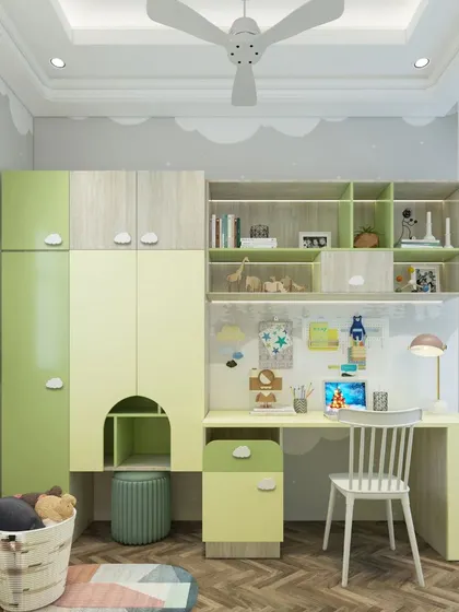 This study area is fully integrated into a wall unit, with a large desk, plenty of shelving, and cabinets in a cheerful lime green and wood-grain finish.