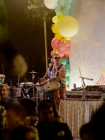 A shot from a lively wedding performance. You can see me on the decks while Dino Banjara is on percussion, a combination that always brings a unique energy to the stage.